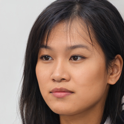 Neutral asian young-adult female with long  brown hair and brown eyes