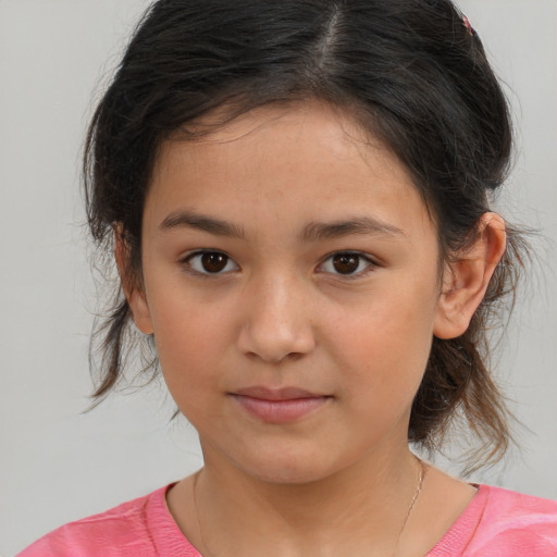 Joyful white child female with medium  brown hair and brown eyes