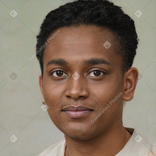 Neutral black young-adult male with short  black hair and brown eyes