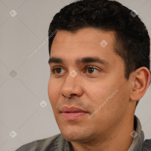 Neutral white young-adult male with short  black hair and brown eyes