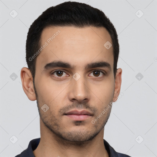 Neutral latino young-adult male with short  black hair and brown eyes