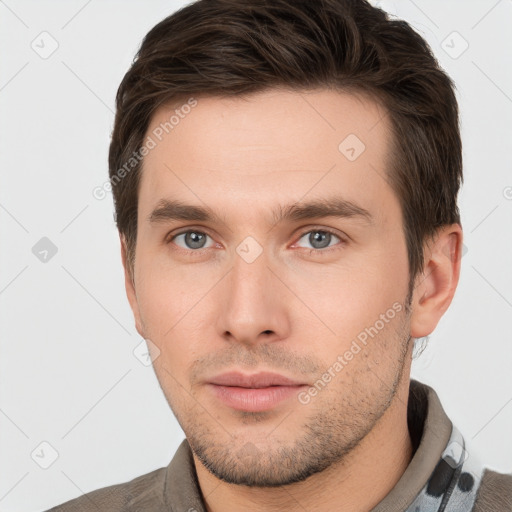 Neutral white young-adult male with short  brown hair and brown eyes