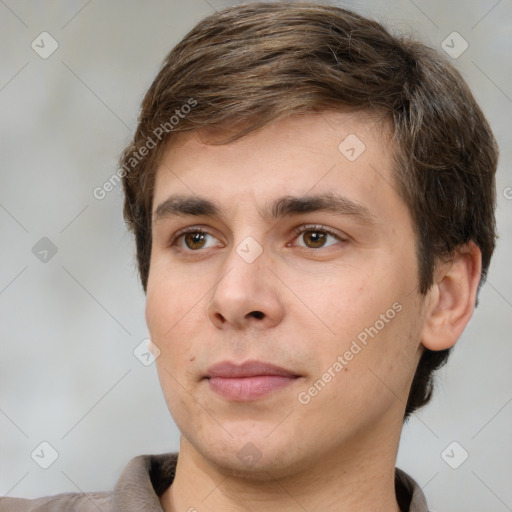 Neutral white young-adult male with short  brown hair and brown eyes