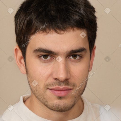 Neutral white young-adult male with short  brown hair and brown eyes