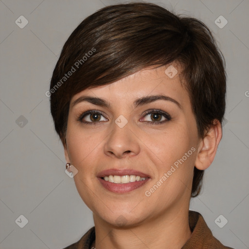 Joyful white young-adult female with medium  brown hair and brown eyes