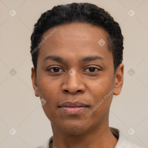 Neutral black young-adult male with short  black hair and brown eyes