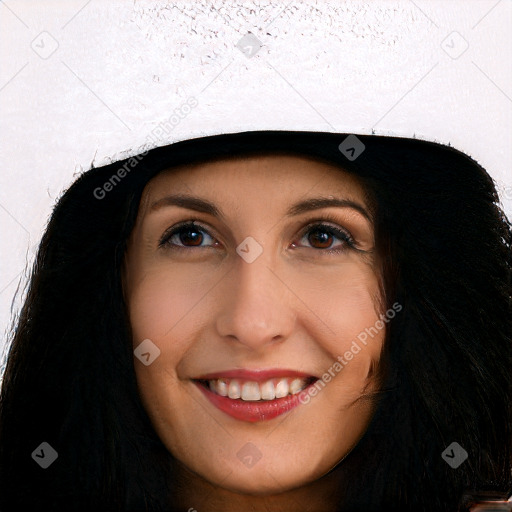 Joyful white young-adult female with long  black hair and brown eyes