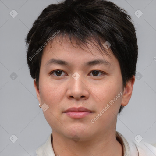 Neutral asian young-adult male with short  brown hair and brown eyes