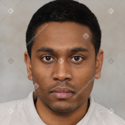 Neutral latino young-adult male with short  black hair and brown eyes