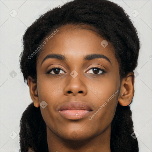 Neutral black young-adult female with long  black hair and brown eyes