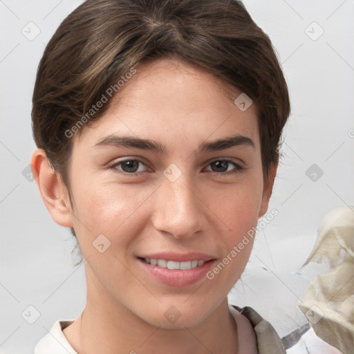 Joyful white young-adult female with short  brown hair and brown eyes