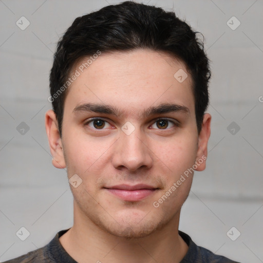 Neutral white young-adult male with short  brown hair and brown eyes