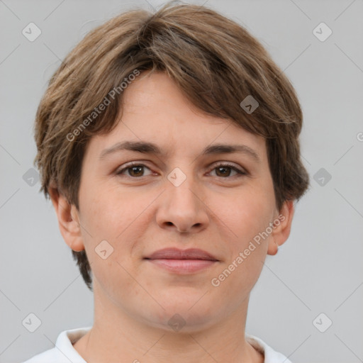 Joyful white young-adult female with short  brown hair and brown eyes