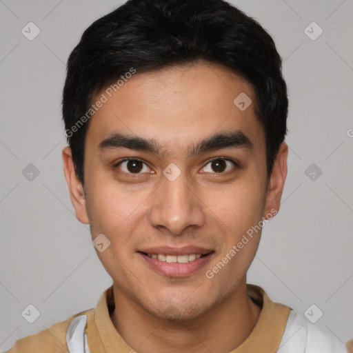 Joyful latino young-adult male with short  black hair and brown eyes