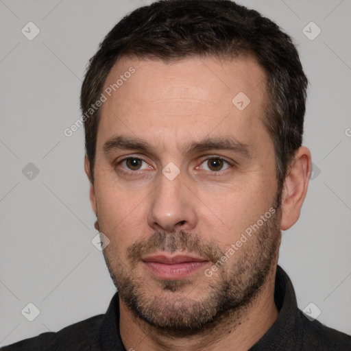 Neutral white adult male with short  brown hair and brown eyes