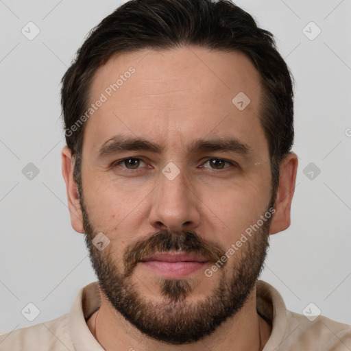 Neutral white young-adult male with short  brown hair and brown eyes