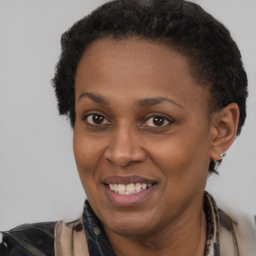 Joyful black adult female with short  black hair and brown eyes