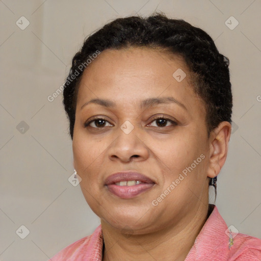 Joyful white adult female with short  brown hair and brown eyes