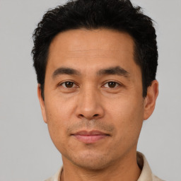 Neutral asian adult male with short  black hair and brown eyes