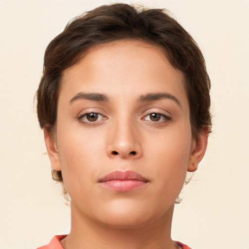 Neutral white young-adult female with short  brown hair and brown eyes