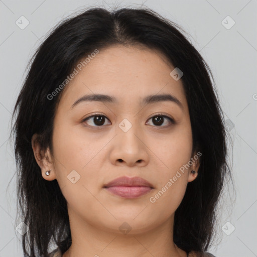 Neutral asian young-adult female with medium  brown hair and brown eyes