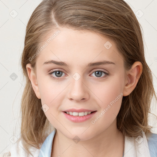 Joyful white child female with medium  brown hair and grey eyes