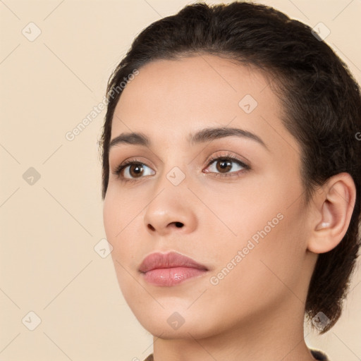 Neutral white young-adult female with medium  brown hair and brown eyes