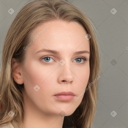 Neutral white young-adult female with long  brown hair and grey eyes