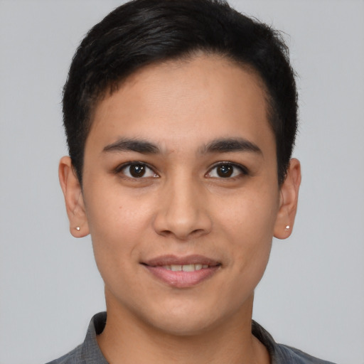 Joyful latino young-adult male with short  brown hair and brown eyes