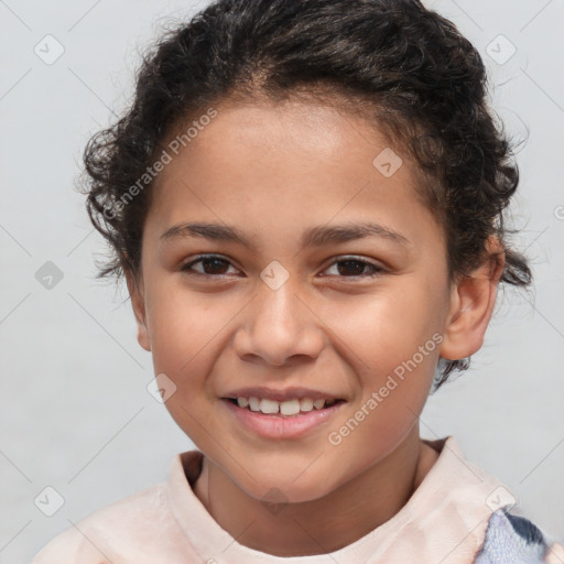 Joyful white child female with short  brown hair and brown eyes