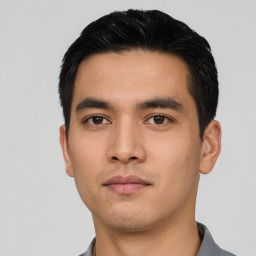 Neutral asian young-adult male with short  black hair and brown eyes