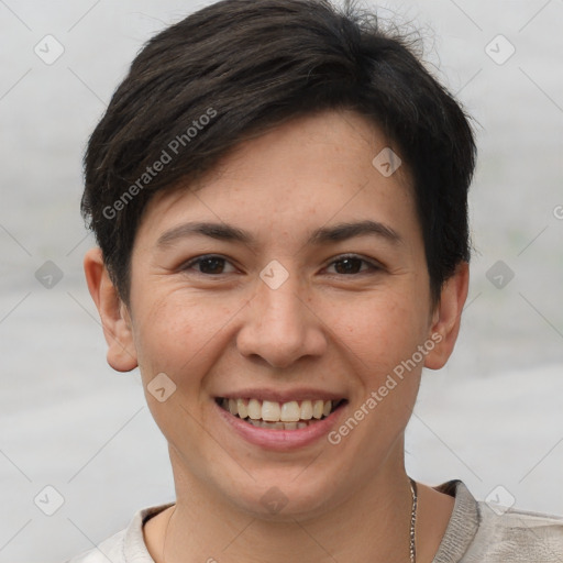 Joyful white young-adult female with short  brown hair and brown eyes