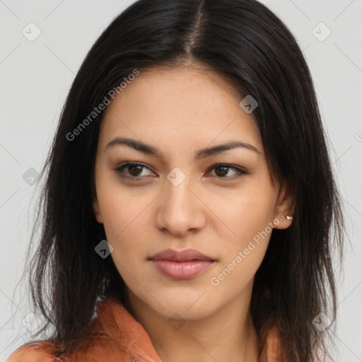 Neutral latino young-adult female with long  brown hair and brown eyes