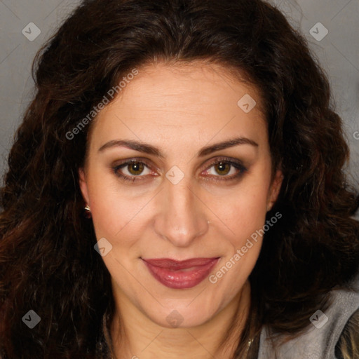 Joyful white adult female with long  brown hair and brown eyes