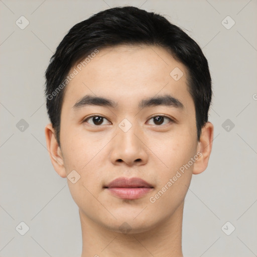 Neutral asian young-adult male with short  black hair and brown eyes