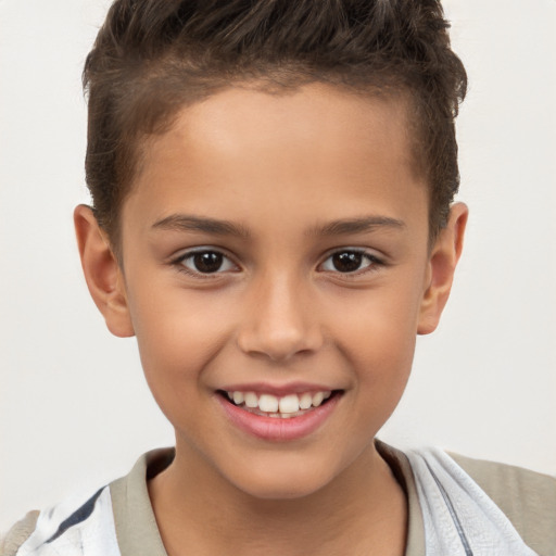 Joyful white child female with short  brown hair and brown eyes