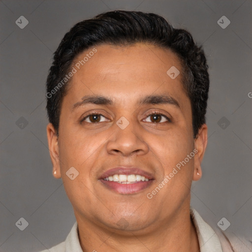 Joyful latino adult male with short  brown hair and brown eyes