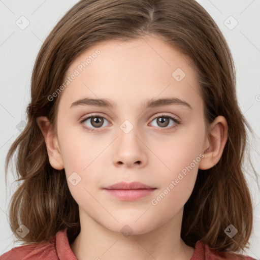 Neutral white child female with long  brown hair and grey eyes