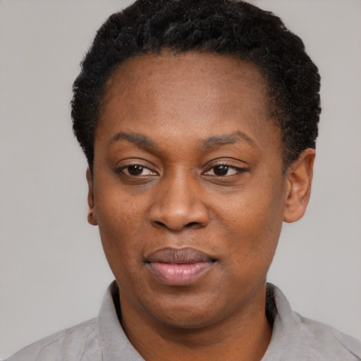Joyful black adult female with short  black hair and brown eyes