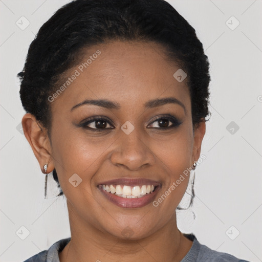 Joyful latino young-adult female with short  brown hair and brown eyes