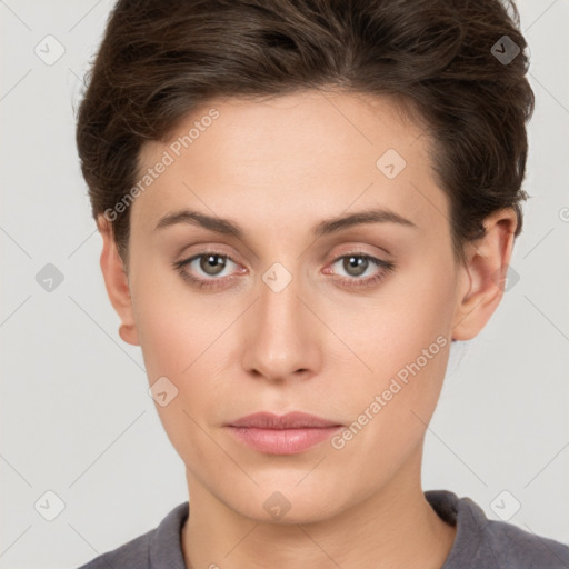 Neutral white young-adult female with short  brown hair and brown eyes