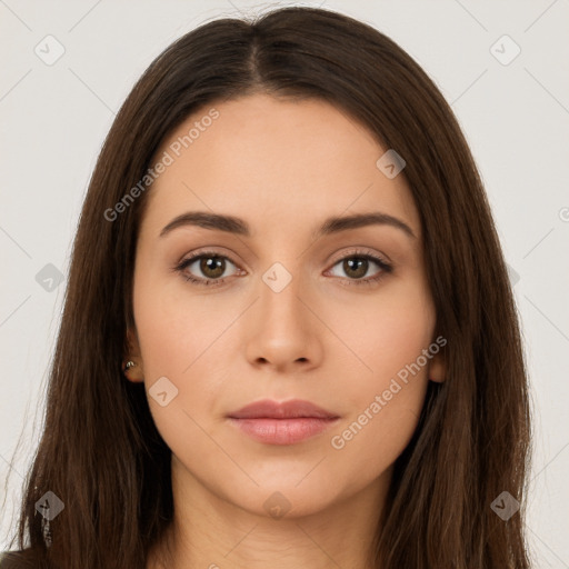 Neutral white young-adult female with long  brown hair and brown eyes