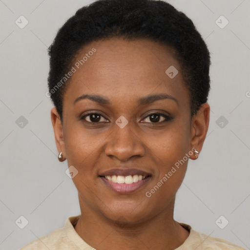 Joyful latino young-adult female with short  black hair and brown eyes