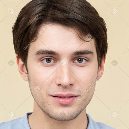 Neutral white young-adult male with short  brown hair and brown eyes