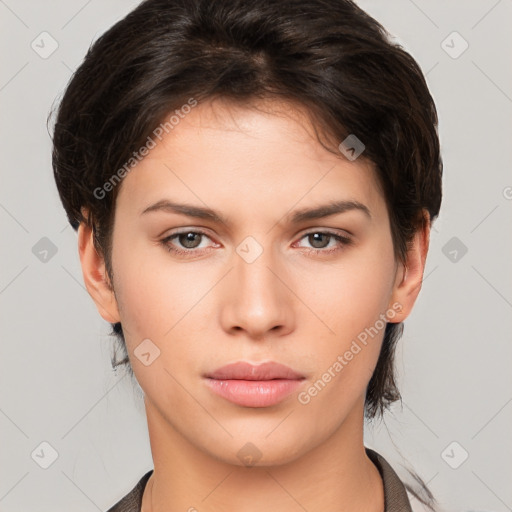 Neutral white young-adult female with short  brown hair and brown eyes