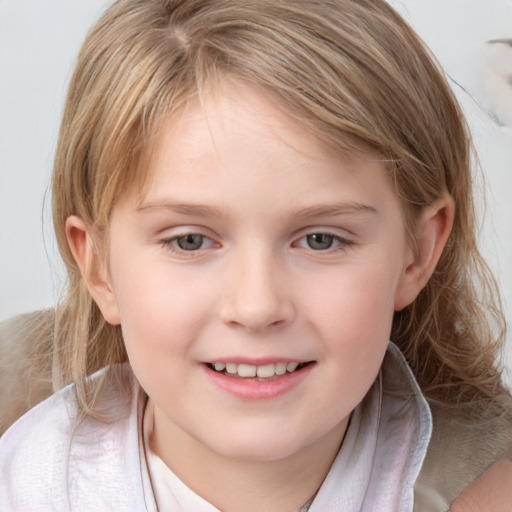 Joyful white child female with medium  brown hair and blue eyes