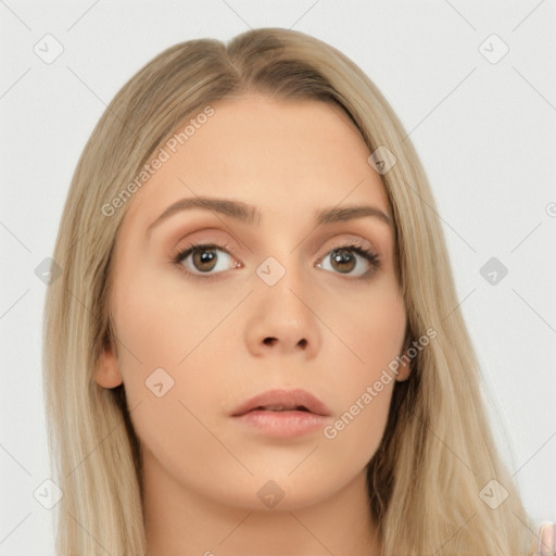 Neutral white young-adult female with long  brown hair and brown eyes