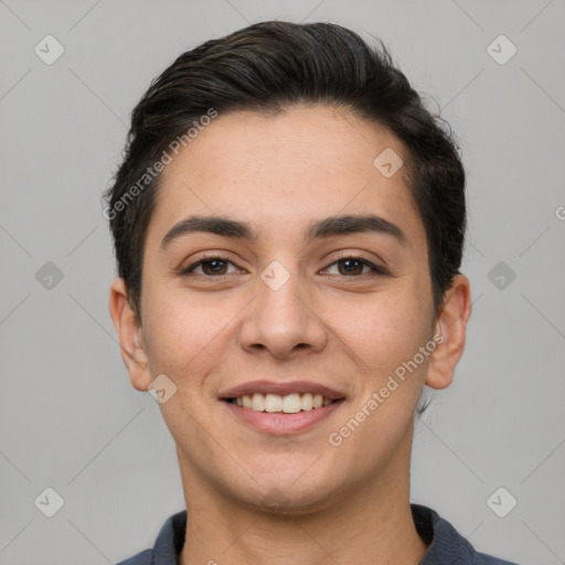 Joyful white young-adult female with short  brown hair and brown eyes