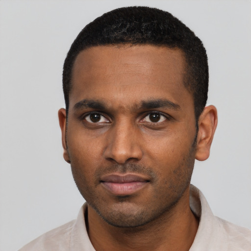 Neutral black young-adult male with short  black hair and brown eyes