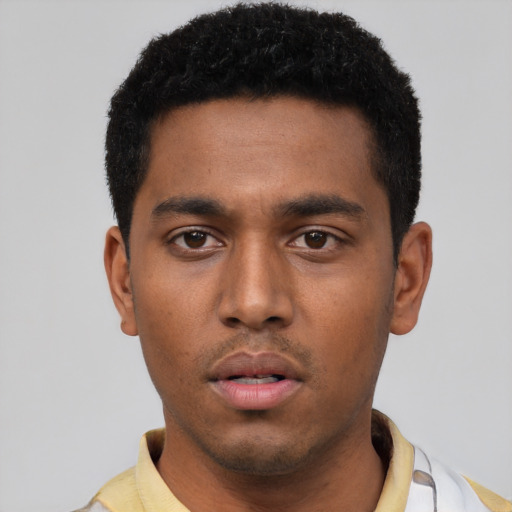 Neutral black young-adult male with short  black hair and brown eyes